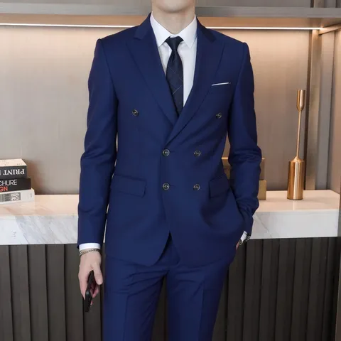 Men's Business Suit Set Double Breasted Peak Lapel Slim Fit Two Piece Formal Tuxedo Jacket And Pants