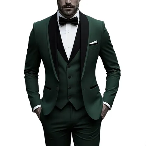 Men's Slim Fit 3-Piece Business Suit Set Shawl Lapel Wedding Tuxedo Jacket Vest Pants Groom Formal Wear Blazer Suit