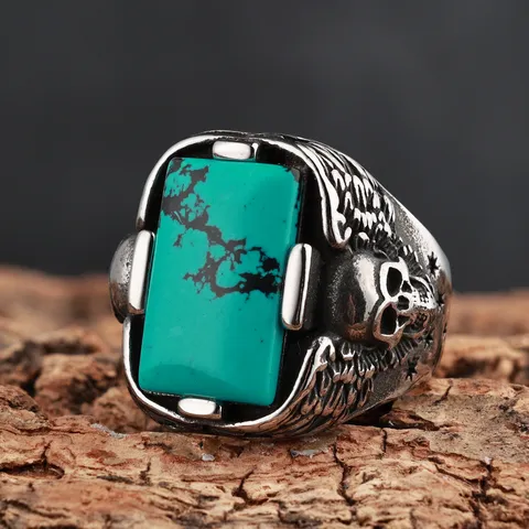 Vintage Punk Men Stainless Steel Ring Square Turquoise Inlay Skull Wing Carved Gothic Antique Biker Finger Ring Jewelry