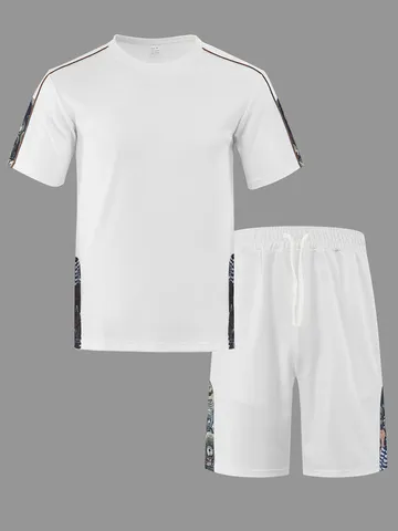 Ensemble Décontracté pour Hommes en Maille Gauffrée Haut Et Bas Été T-Shirt Manches Courtes Avec Shorts Imprimé Patchwork Athleisure