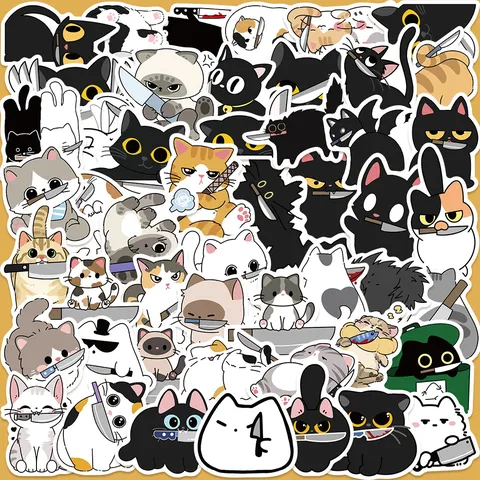 Mignons Autocollants Imperméables de Graffiti de Chat Armé de Couteau de Dessin Animé Autocollants d'Animaux Esthétiques Pour Coque de Téléphone Valise Cahier