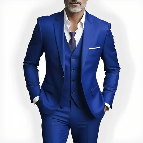 Men's Business Formal Suit Set Notch Lapel One Button Slim Fit Wedding Groom Blazer Vest Pants
