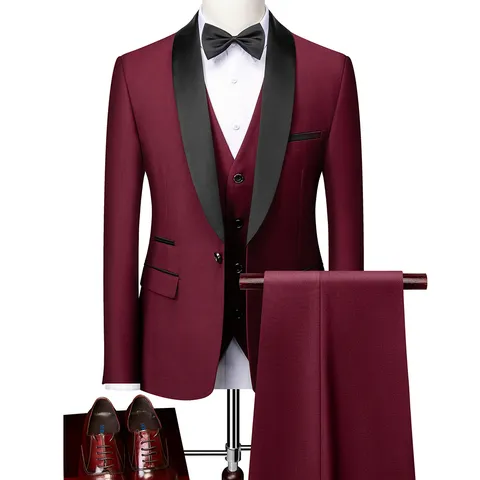 Men's Business Formal Slim Fit Suit Three Piece Set Shawl Lapel Wedding Groom Tuxedo Jacket Vest And Pants