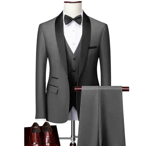 Men's Business Formal Slim Fit Suit Three Piece Set Shawl Lapel Wedding Groom Tuxedo Jacket Vest And Pants