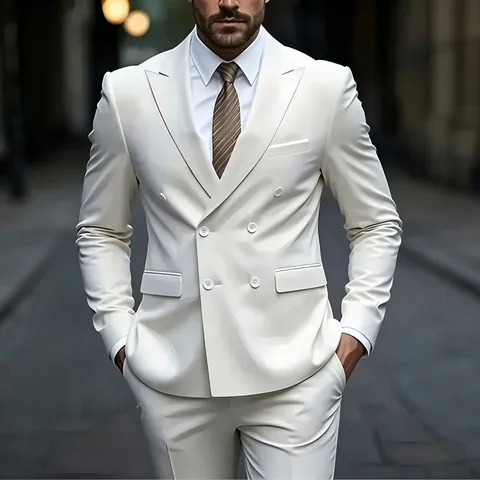 Men's Business Suit Set Double Breasted Peak Lapel Slim Fit Two Piece Formal Tuxedo Jacket And Pants