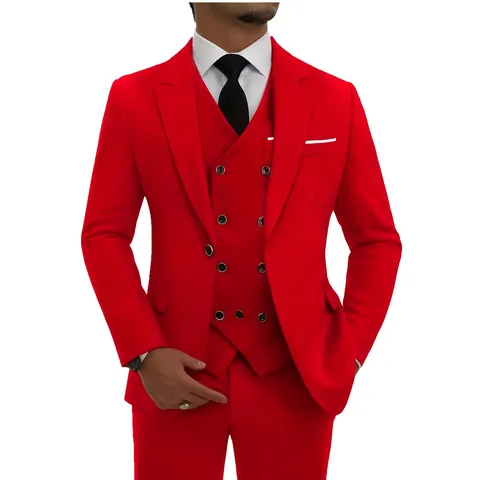Men Slim Fit Double Breasted Suit Set Three Piece Business Wedding Tuxedo Blazer Vest Pants Formal Suit