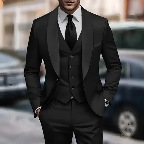 Men's Business Casual Slim Fit Shawl Lapel One Button Blazer Vest Pants Suit Set Wedding Groom Tuxedo