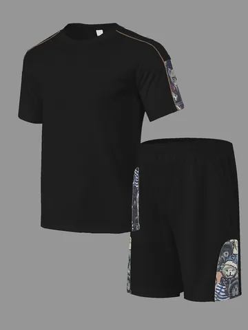 Ensemble Décontracté pour Hommes en Maille Gauffrée Haut Et Bas Été T-Shirt Manches Courtes Avec Shorts Imprimé Patchwork Athleisure