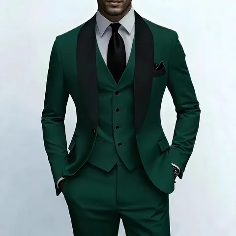 Men's Slim Fit Business Suit Shawl Collar Blazer Vest And Pants Set For Wedding Groom Formal Evening Party