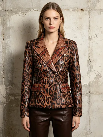 Women Leopard Print Sequin Blazer Jacket Vintage Slim Fit Long Sleeve Double Breasted Suit Coat Fashion Streetwear Outerwear Top