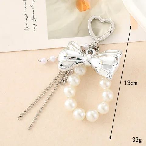 Silver Alloy Bowknot Heart Bag Charm Keychain With Artificial Pearl For Women Phone Case Decoration Versatile Accessory