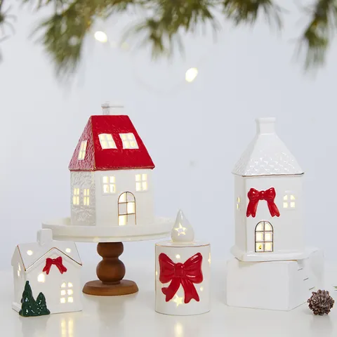 Glowing White Ceramic Christmas Tree And House Ornaments With LED Warm Light Gold Star Top For Tabletop Holiday Decoration