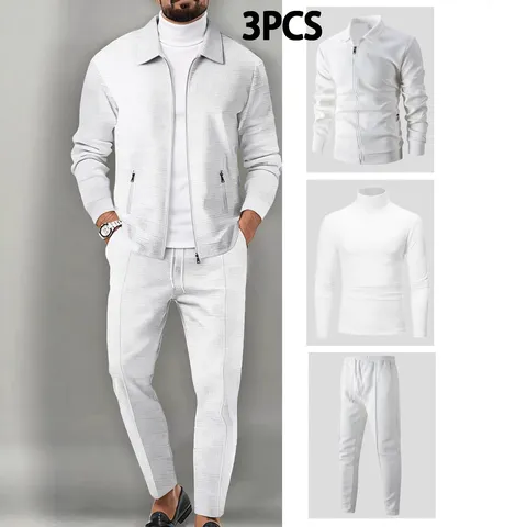 Ensemble Décontracté Trois Pièces pour Homme en Tissu Gaufré avec Veste zippée T-Shirt et Pantalon Automne Manches Longues