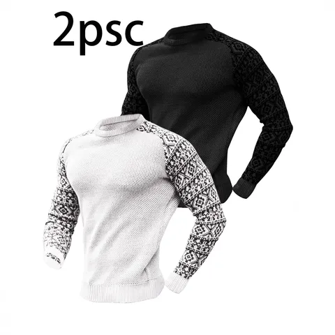 T-Shirt à Manches Longues Tricot Waffle Décontracté pour Hommes Ensemble Pullover Imprimé Géométrique Haut Léger Respirant