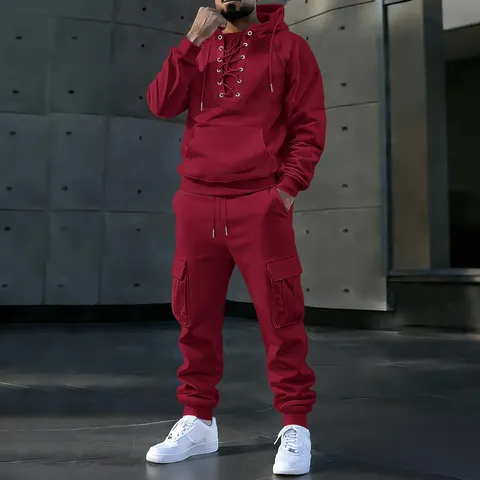 Men's Fleece Lined Hooded Sweatshirt And Jogger Pants Top And Bottom Solid Color Long Sleeve Sportswear Outfit