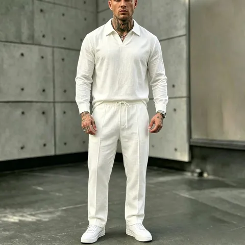 Men's Linen Blend Casual Suit Set V-Neck Long Sleeve Shirt And Long Pants Vacation Beach Outfit