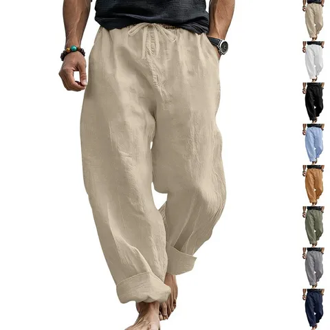 Men's Casual Linen Blend Pants Summer Straight Leg Solid Color Breathable Drawstring Long Trousers