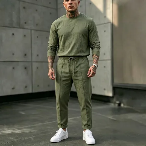 Men's Casual Linen Blend Suit Set Long Sleeve Crew Neck Top And Long Pants Summer Vacation Outfit Top And Bottom