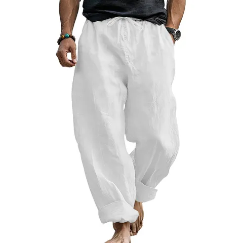Men's Casual Linen Blend Pants Summer Straight Leg Solid Color Breathable Drawstring Long Trousers
