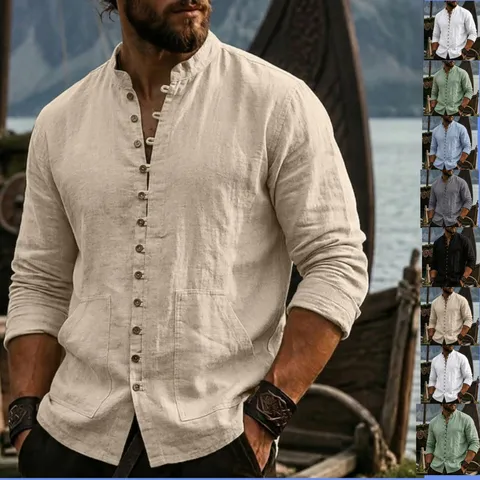 Men's Casual Stand Collar Linen Shirt Long Sleeve Solid Color Button Up Shirt For Daily Wear And Outdoor