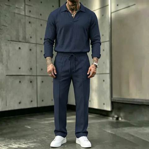 Men's Linen Blend Casual Suit Set V-Neck Long Sleeve Shirt And Long Pants Vacation Beach Outfit