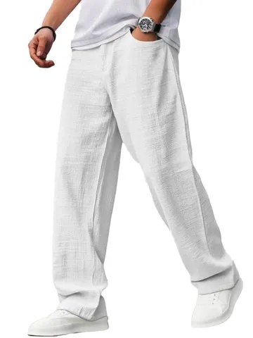 Men's Casual Cotton Linen Straight Leg Pants Solid Color Elastic Drawstring Beach Trousers Loose Summer Pants