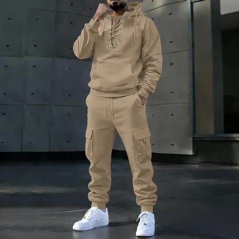 Men's Fleece Lined Hooded Sweatshirt And Jogger Pants Top And Bottom Solid Color Long Sleeve Sportswear Outfit