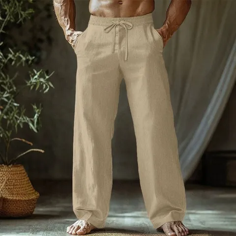 Men's Casual Linen Pants Solid Color Loose Straight Fit Drawstring Waist Lightweight Breathable Summer Trousers