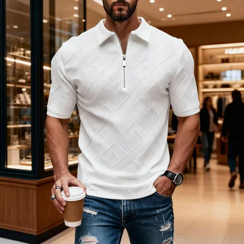 Andriko Polo Shirt Jacquard Casual Konto Maniki Lapel Misi Fermouar Kalokairino