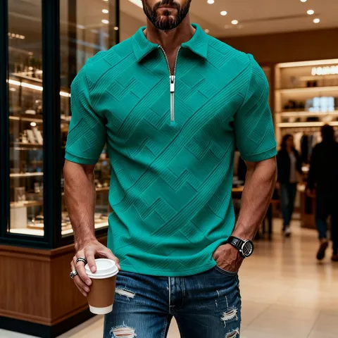Andriko Polo Shirt Jacquard Casual Konto Maniki Lapel Misi Fermouar Kalokairino