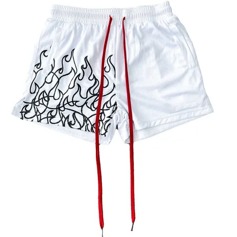 Men's Summer Casual Sports Shorts Breathable Quick Drying Mesh Gym Running Training Short Pants With Flame Print