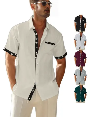 Chemise Décontractée à Manches Courtes pour Hommes Tissu Waffle Imprimé Oiseau Col Rabattu Top d'Été Ample