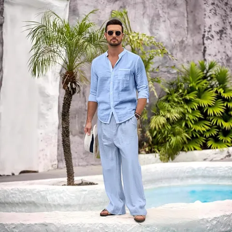 Hommes Casual Lin Haut et Bas Manches Longues Col Mao Couleur Unie Coupe Ample Tenue Printemps Été