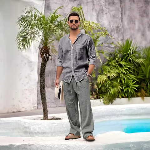 Hommes Casual Lin Haut et Bas Manches Longues Col Mao Couleur Unie Coupe Ample Tenue Printemps Été