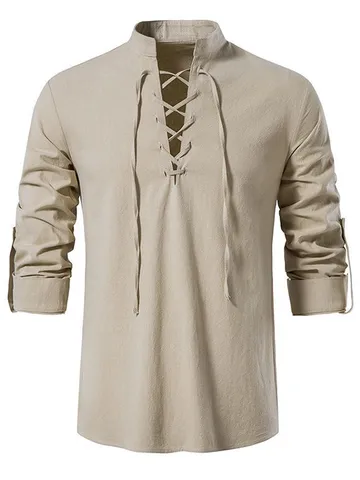 Herren Casual Baumwollmischung Langarm Hemd Stehkragen V-Ausschnitt Schnürung Strand Tops Einifarbig Locker sitzende Modekleidung