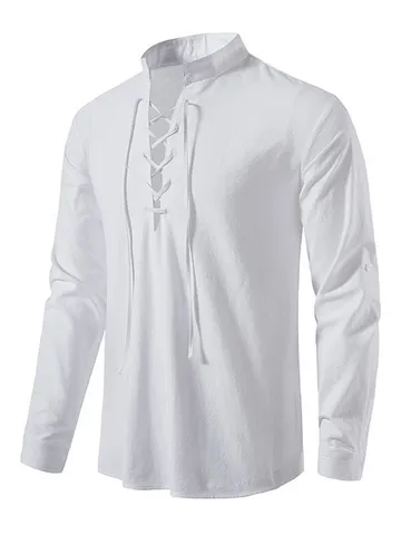 Herren Casual Baumwollmischung Langarm Hemd Stehkragen V-Ausschnitt Schnürung Strand Tops Einifarbig Locker sitzende Modekleidung