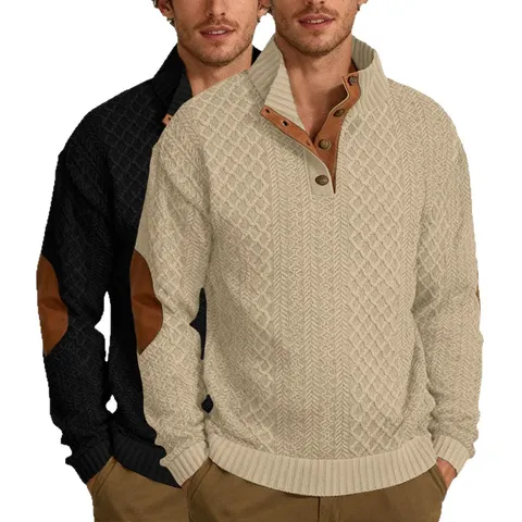 Sweat-shirt Tricot Jacquard Manches Longues Col Montant Décontracté pour Hommes Top Pull Vintage