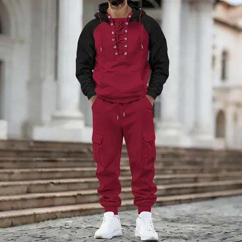 Mens Fleece Lined Tracksuit Casual Hoodie And Cargo Pants Top And Bottom Streetwear Oversized Outfit