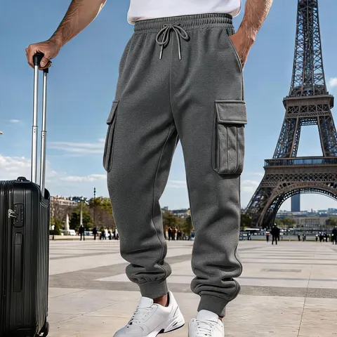 Men's Fleece Lined Casual Cargo Sweatpants Winter Warm Loose Jogger Pants Elastic Waist Drawstring Multi Pocket Trousers