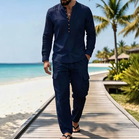 Men Casual Linen Blend Two-Piece Outfit Stand Collar Long-Sleeve Shirt And Cargo Pants Set Spring Autumn Suit
