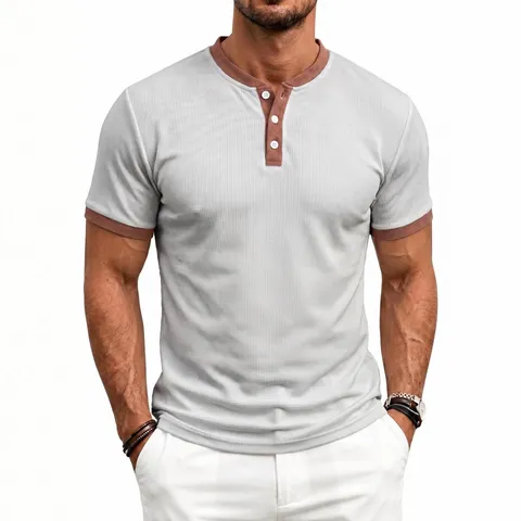 Men's Casual Waffle Polo Shirt Summer Short Sleeve Henley Collar Color Block Regular Fit Polyester Top