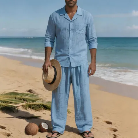 American Style Linen Men's Casual Beach Suit Breathable Long Sleeve Shirt And Long Pants Loose Top And Bottom For Vacation