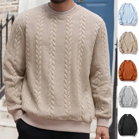 Men's Casual Solid Color Crew Neck Long Sleeve Knit Sweatshirt Regular Fit Basic Pullover Top For Spring Autumn