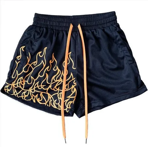 Men's Summer Casual Sports Shorts Breathable Quick Drying Mesh Gym Running Training Short Pants With Flame Print