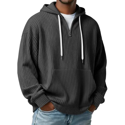 Herren Casual Einifarbig Langarm Kapuzenpullover Halb-Reißverschluss Herbst Winter Mode Locker Pullover Top