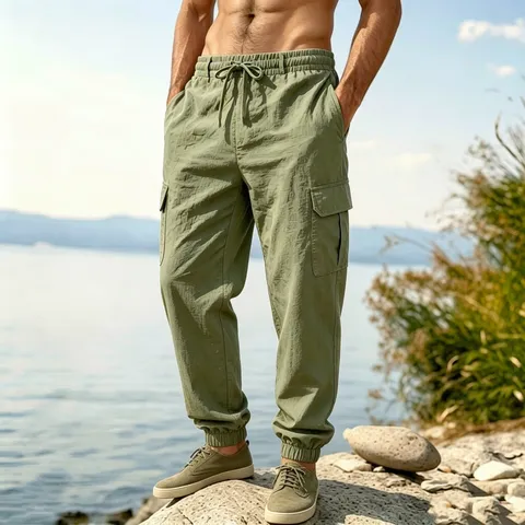 Men's Casual Cotton Cargo Joggers Multi-Pocket Breathable Thin Pants Solid Color Elastic Waist Drawstring Sweatpants