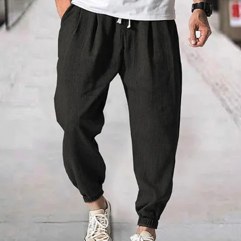 Men's Casual Linen Blend Sweatpants Summer Breathable Loose Fit Drawstring Jogger Pants Solid Color Pocket Decor Trousers