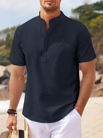 Men's Casual Short Sleeve Stand Collar Waffle Textured Shirt Summer Lightweight Solid Color Pullover Top