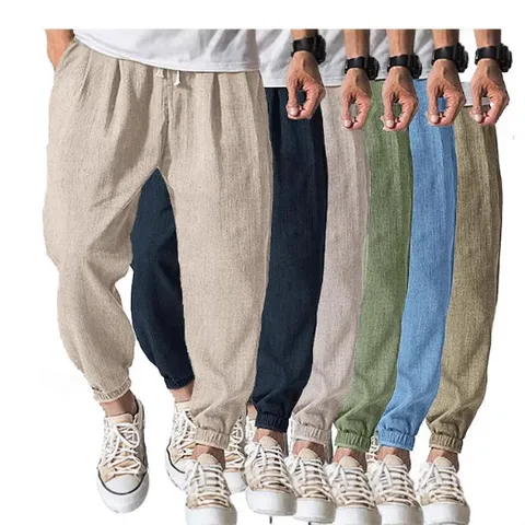 Men's Casual Linen Blend Sweatpants Summer Breathable Loose Fit Drawstring Jogger Pants Solid Color Pocket Decor Trousers
