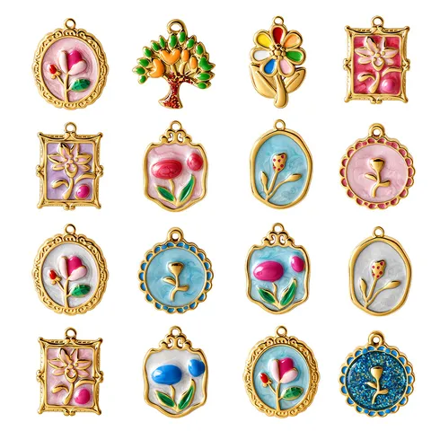 Stainless Steel Enamel Flower Pendants Retro European Tulip Tree Of Life Charms For DIY Necklace Bracelet Accessories Women Jewelry